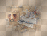 piano and fireplace